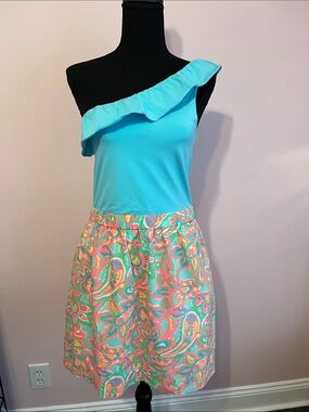 Lilly Pulitzer Aqua One-Shoulder Dress with Coral & Mint Paisley Skirt